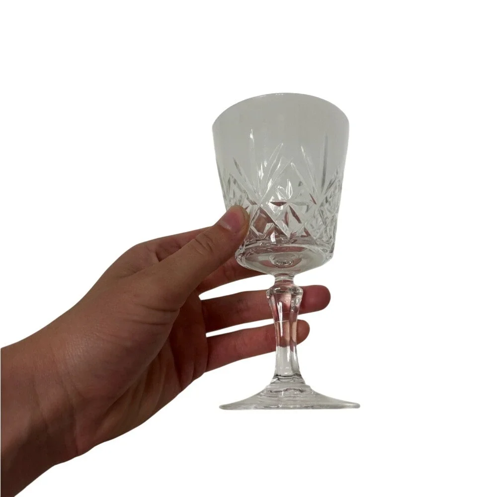 Vintage Cut Crystal Wine Goblet Diamond Fan Pattern‎ Clear Stemware Glass